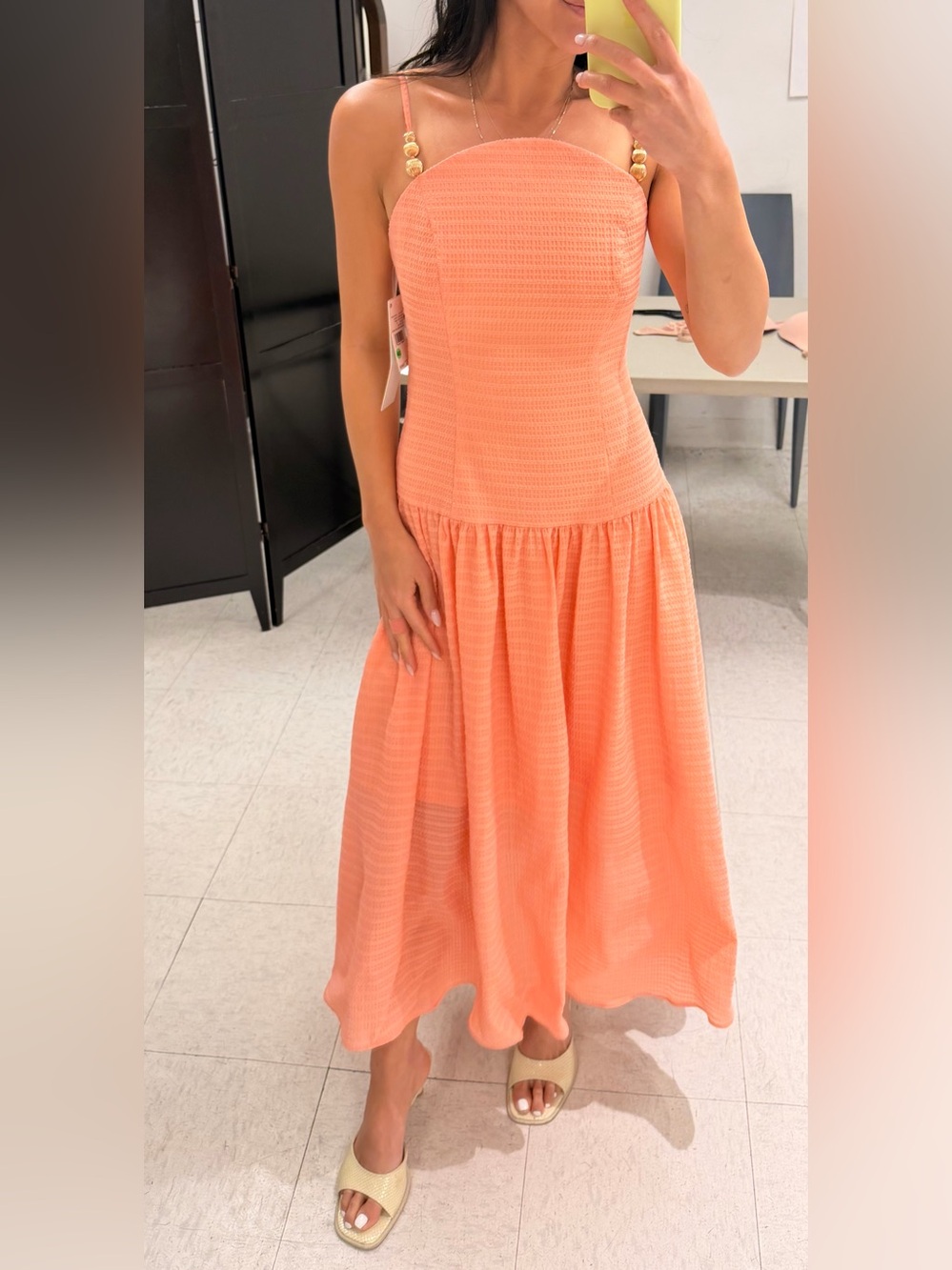Drop Waist Seersucker Beaded Strap Sundress in Coral